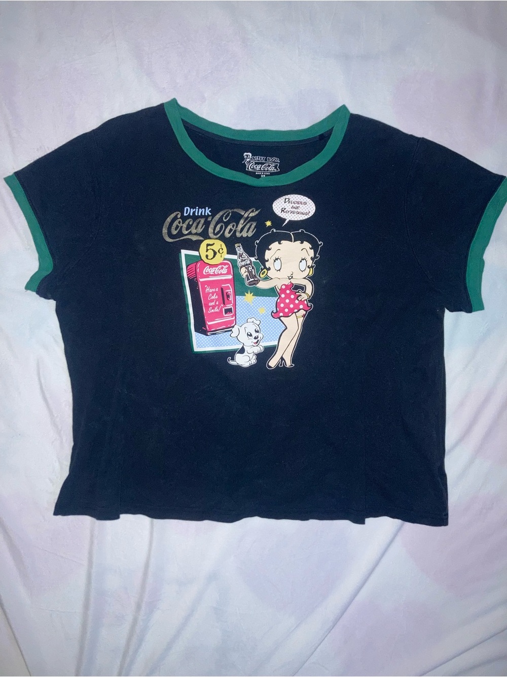 Betty Boop Navy Tee with Green Trim and Retro Coca-Cola Graphic
